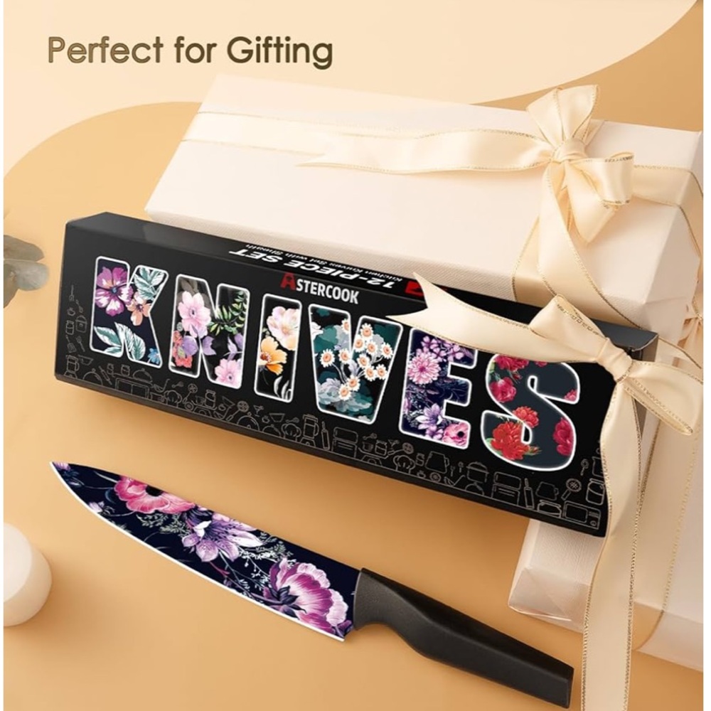 👨🍳”ASTERCOOK KNIFE SET” 12 PIECE FLOWER KITCHEN KNIFE SET & BLADE GUARDS❗️ - Picture 2 of 6